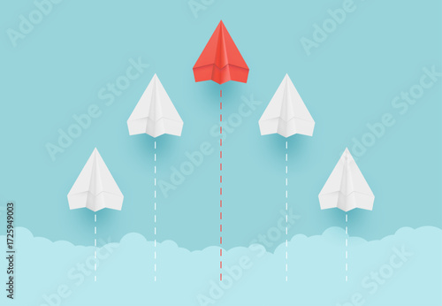 Flying white paper airplanes in clouds, red in the center, dotted flight lines.