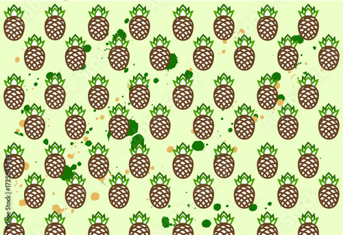Green vector seamless pattern with linear pineapples  