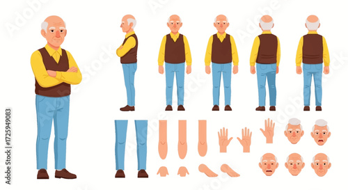 Character Design Collection of a Senior Man for Animation and Games Illustrating Various Poses and Emotions