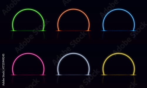 Light neon arch door different colors glowing on dark background, round led luminous portals, futuristic circle gates