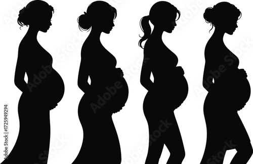 Silhouette of pregnant women standing side by side, maternity concept, motherhood stages, prenatal health, expecting mothers, pregnancy illustration design