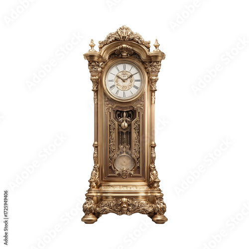 Tall grandfather clock with polished golden face and wooden frame isolated on transparent background for vintage design
