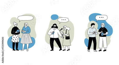 People Communicating and Sharing Ideas Through Mobile Devices and Conversation Bubbles Illustrating Dialogue