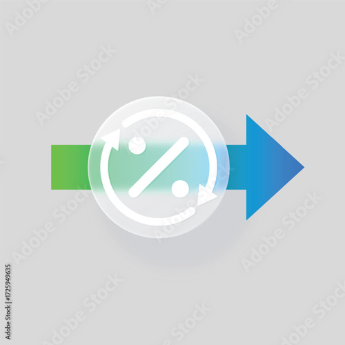 Percent growth chart line graph with glassmorphism effect, vector transparent blur button on green blue gradient arrow