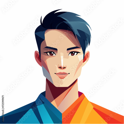 Stylized vector portrait of a young, handsome Asian man with a modern hairstyle, wearing a colorful blue and orange shirt on a white background