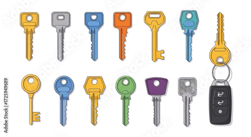 A collection of various types of keys including a car key fob and a keyring for diverse access and security solutions