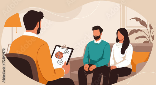 Therapy session with a couple discussing mental health and relationship challenges with a professional counselor guiding the conversation through visual aids and open communication techniques