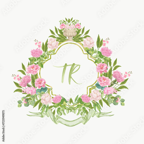 Watercolor eucalyptus and rose flower for wedding crest design with ribbon. T and R watercolor monogram.