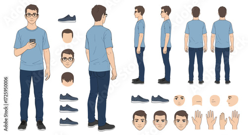 A Detailed Character Design Sheet Showcasing a Young Man From Multiple Angles With Various Facial Expressions and Body Parts for Animation and Game Development