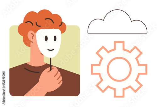 Person holding a smiling mask, adjacent cloud, and gear elements. Ideal for identity, technology, creativity, teamwork, problem-solving personal growth and innovation. Simple flat metaphor