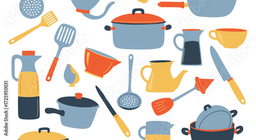 An Assortment of Colorful Kitchenware and Cooking Utensils Depicted in a Flat Design Style on a White Background