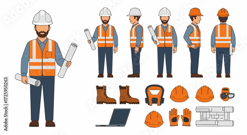 Illustration of Construction Worker Characters and Safety Equipment for Building Projects
