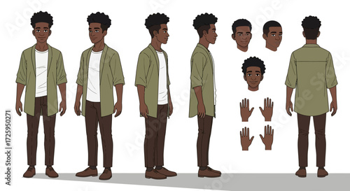Character Design Turnaround Sheet Featuring a Young Black Man in Casual Attire Showcasing Various Poses and Facial Expressions for Animation Production