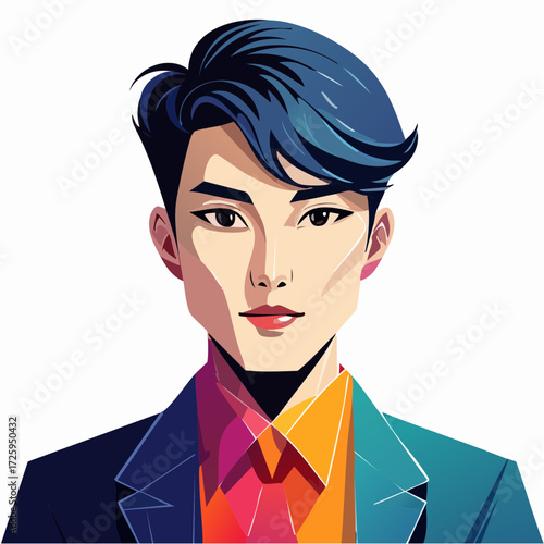 A close-up portrait of a young, confident Asian professional with styled blue hair, depicted in a modern, flat illustration style