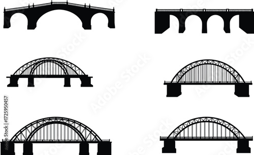 Black and white bridge vector illustrations, silhouette set, steel arch bridge, stone viaduct, engineering design, urban structure, architecture, piers