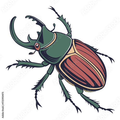 Green and red rhinoceros beetle illustration with horns on white background insect stag beetle