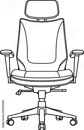 Ergonomic Office Chair Vector Featuring High Backrest, Headrest, Armrests, and Five-Wheel Base in Line Art Style