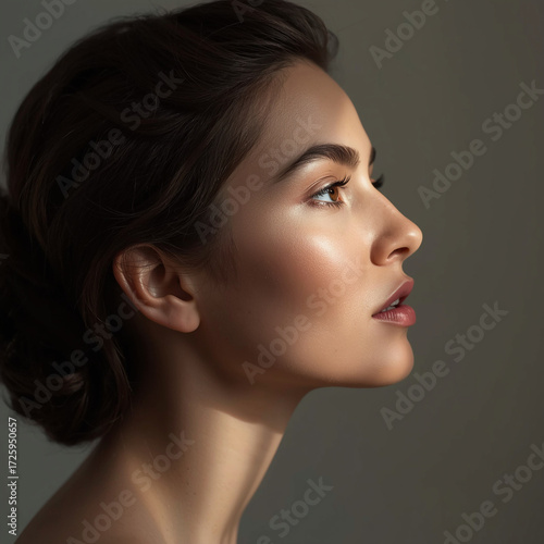 An artistic portrait photograph of a woman's face in profile, against a delicate background