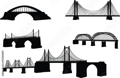 Black and white bridge vector illustrations, silhouette set, suspension, cable-stayed, arch, truss bridge designs, engineering structure, urban architecture, piers