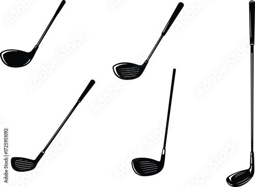 Black and white golf club silhouettes illustration, sports vector design, athletic equipment graphic, professional golfing gear artwork, minimal icon, competition element