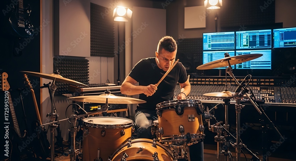 Fototapeta premium Musician passionately playing drums in a recording studio surrounded by instruments and sound equipment creating rhythmic music