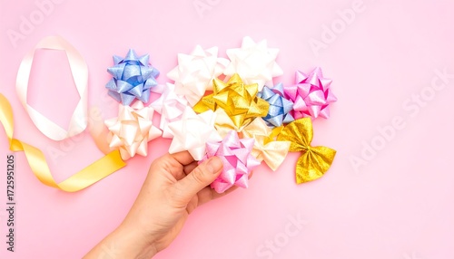Hand holding pastel bows on pink