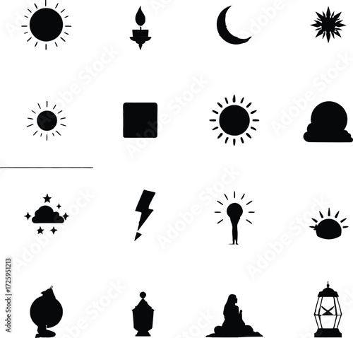 Mystical Icon Grid Vector Featuring Sun, Moon, Clouds, Lightning, Lanterns, and Meditative Symbols in Line Art Style