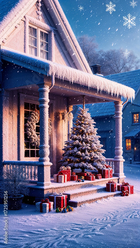 The frostcovered porch of a quaint village