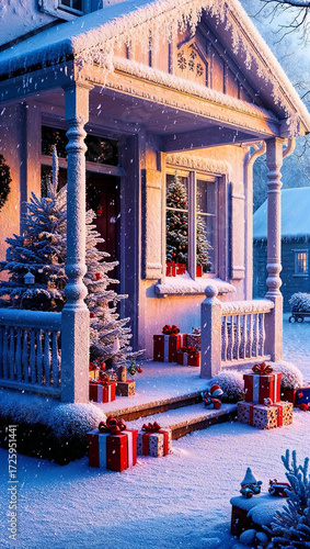 The frostcovered porch of a quaint village