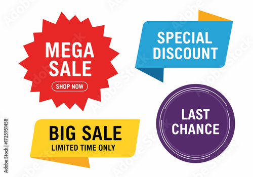 Set of color sale stickers and promotional labels for advertising. Discount price tags for retail marketing