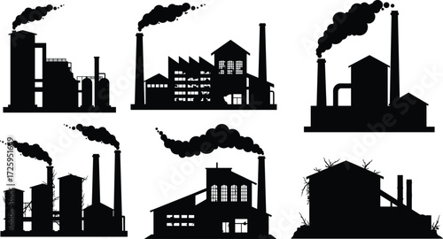 Set of industrial factory buildings with tall chimneys, smoking pipes, abandoned plants and ruins, vector silhouette illustration for industry design