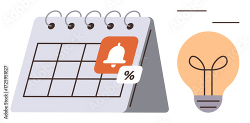Calendar marked with a bell and percentage sign, alongside a glowing light bulb. Ideal for planning, reminders, productivity, deadlines, time management, creativity and strategy. Simple flat
