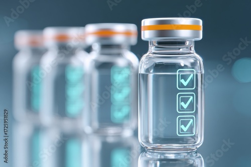 Illustration of peptide vials with digital overlay, showcasing transparent glass containers with checkmarks, reflecting modern pharmaceutical technology and innovation in a clinical setting