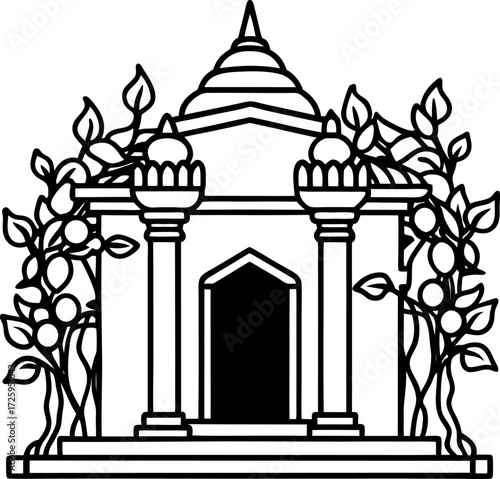 ancient temple hidden in vines illustration on transparent background