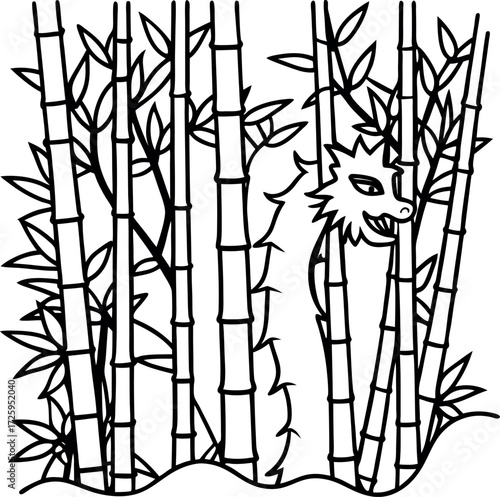 bamboo forest with hidden dragon outline illustration on transparent background