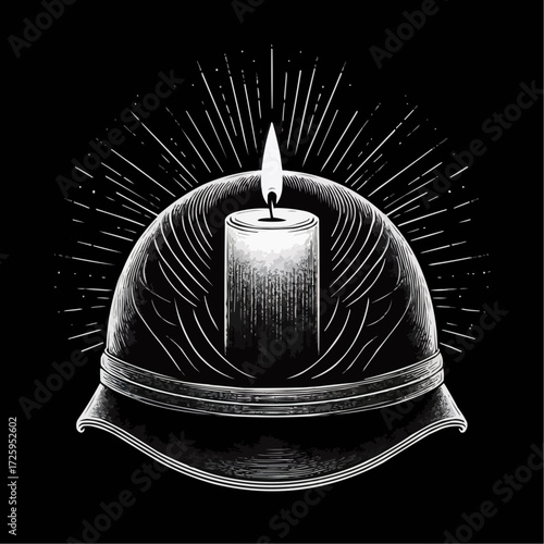 Illustration of military helmet with burning candle, tribute and remembrance concept