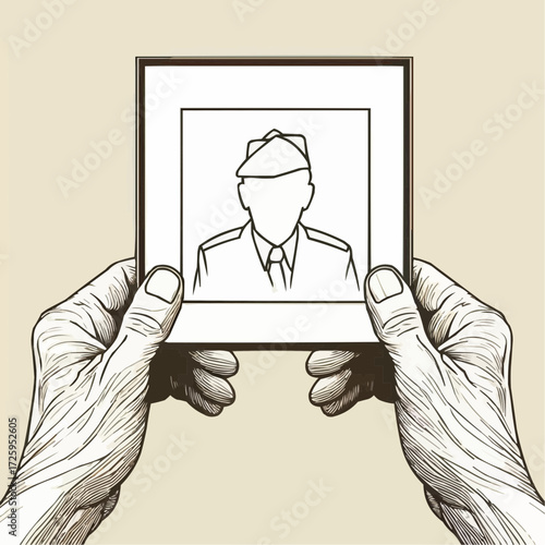 Hands holding photo frame illustration of veteran, veteran's day tribute