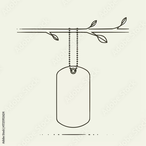 Blank military dog tag on a branch illustration, minimalist design, tribute concept
