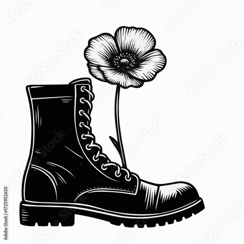 Veteran's day tribute, military boot with flower illustration, symbolic representation
