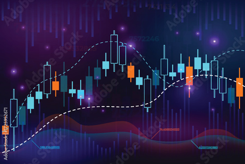Candlestick chart trend design, data analytics, stock market trading graph, financial graphic diagram with indicator