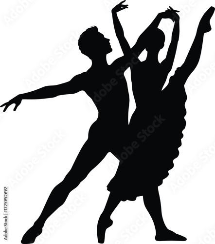 Ballet dancers silhouette duet, graceful pose, arabesque, dance performance, elegance, movement, stage art, classical ballet, performing arts