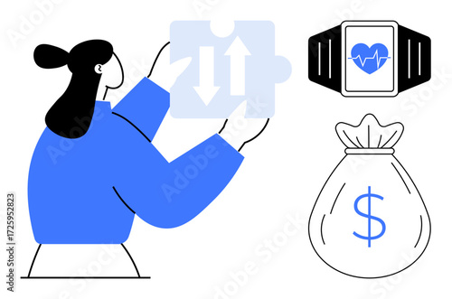 Woman holding puzzle piece with arrows, smartwatch showing heart rate, and dollar bag symbolizing solving challenges, health, and financial goals. Ideal for problem-solving, finance, health, success