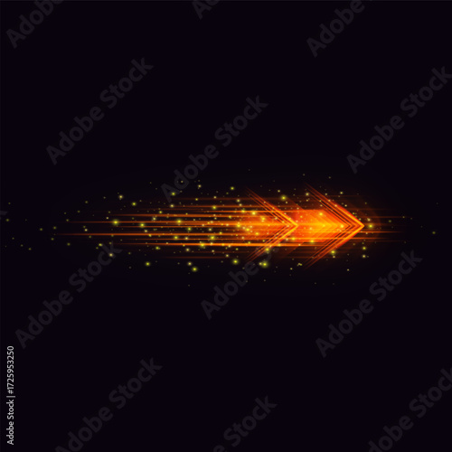 Speed rush arrows orange neon glowing, light speed dynamic trails on dark background, sci-fi design acceleration effect