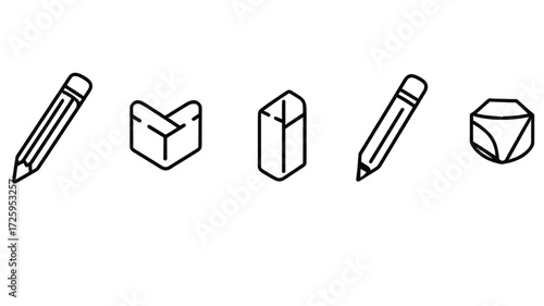Simple isometric line art icons of pencils and erasers.