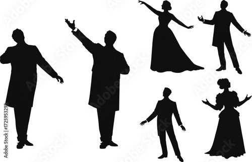 silhouette, opera singer, formal attire, dramatic pose, theatrical, performance, gown, tuxedo, expressive, stage, elegant, gesture, classical, concert, spotlight, artistic, black, ensemble
