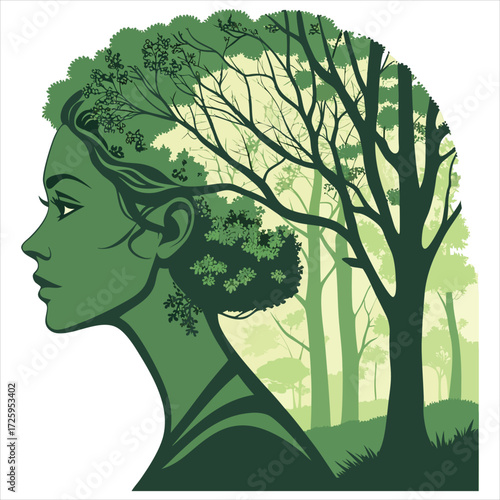This is an artistic illustration featuring a woman's profile in green tones. Her hair is creatively depicted as a forest canopy with tree branches and leaves, seamlessly blending with the trees in the