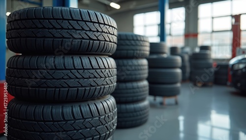 Stack of new car tires in auto repair shop. Rubber wheels with tread pattern are ready for installation service. Automotive parts stored in garage for vehicle maintenance and substitution.