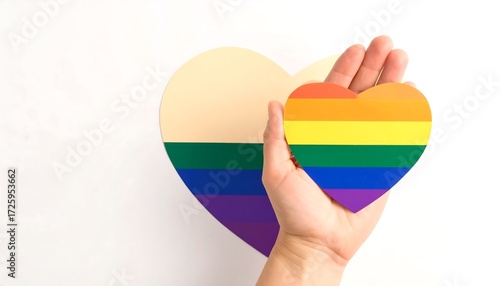 Hand holding rainbow heart over pastel heart