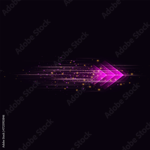 Speed rush arrows pink neon glowing, vector light rapid trails on dark with sparkles, energy flow acceleration effect