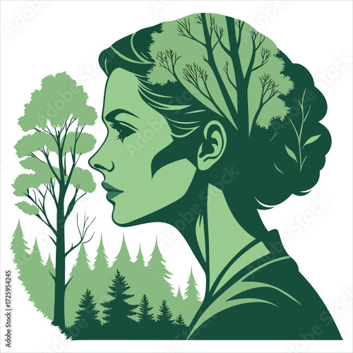 This is an artistic illustration featuring a woman's profile in green tones. Her hair is creatively depicted as a forest canopy with tree branches and leaves, seamlessly blending with the trees in the